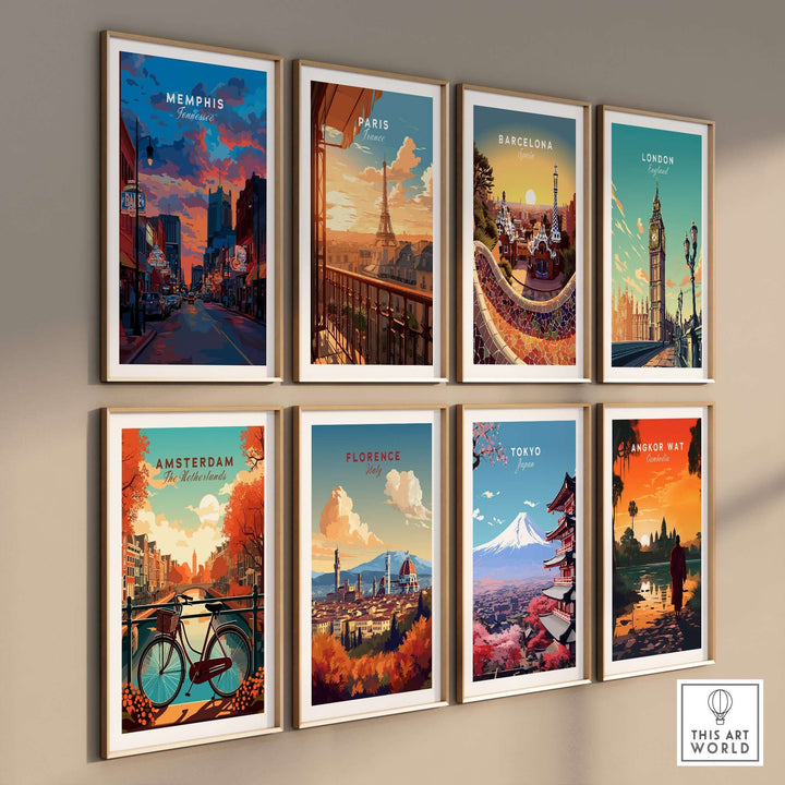 Collection of travel posters featuring Memphis, Paris, Barcelona, London, Amsterdam, Florence, Tokyo, and Angkor Wat.