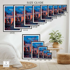 Memphis Poster Tennessee Travel Print size guide showing various print dimensions and styles for home decor.