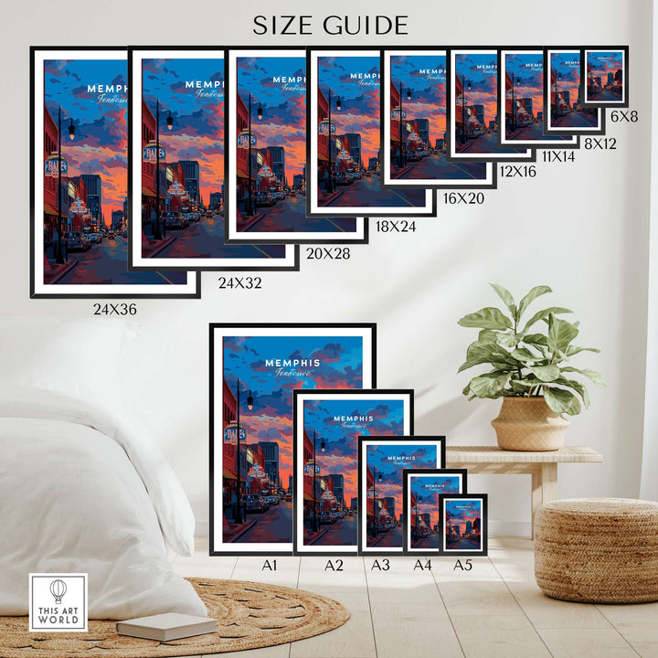Memphis Poster size guide showcasing various print dimensions for Tennessee travel art decor.
