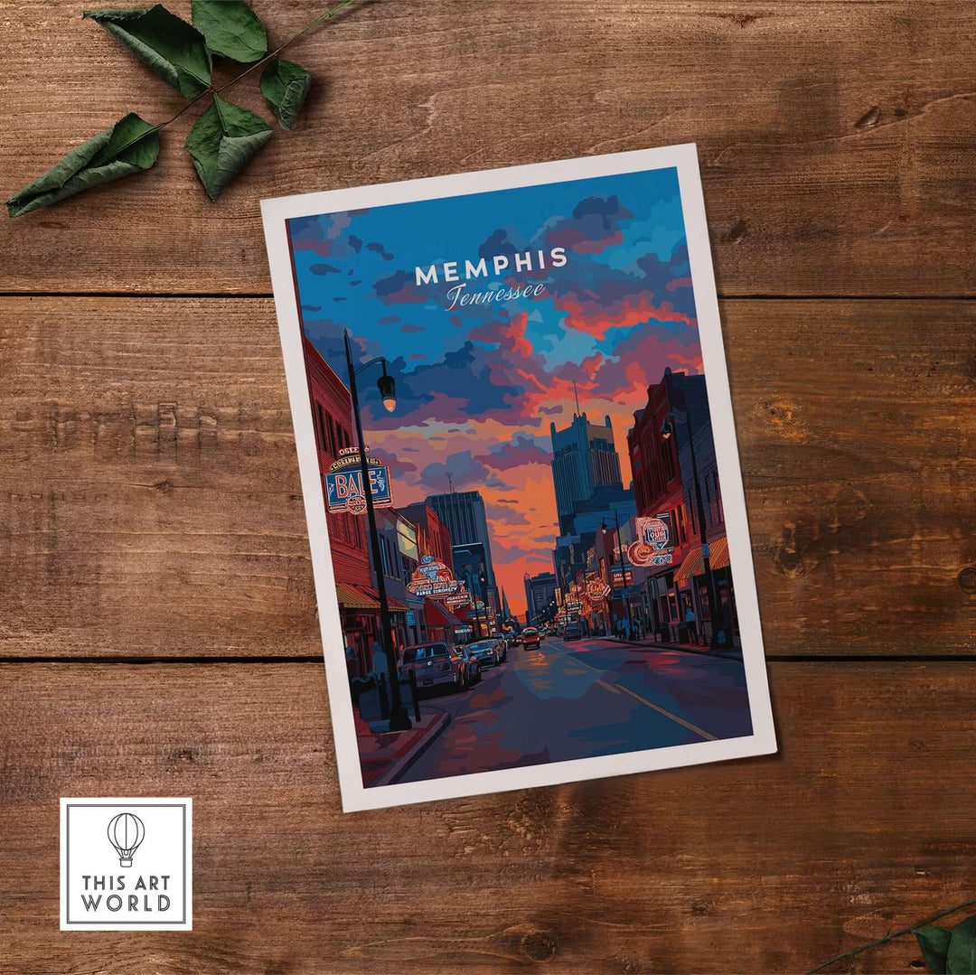 Memphis Tennessee travel print showcasing vibrant street scene and sunset sky, perfect for music lovers and decor enthusiasts.
