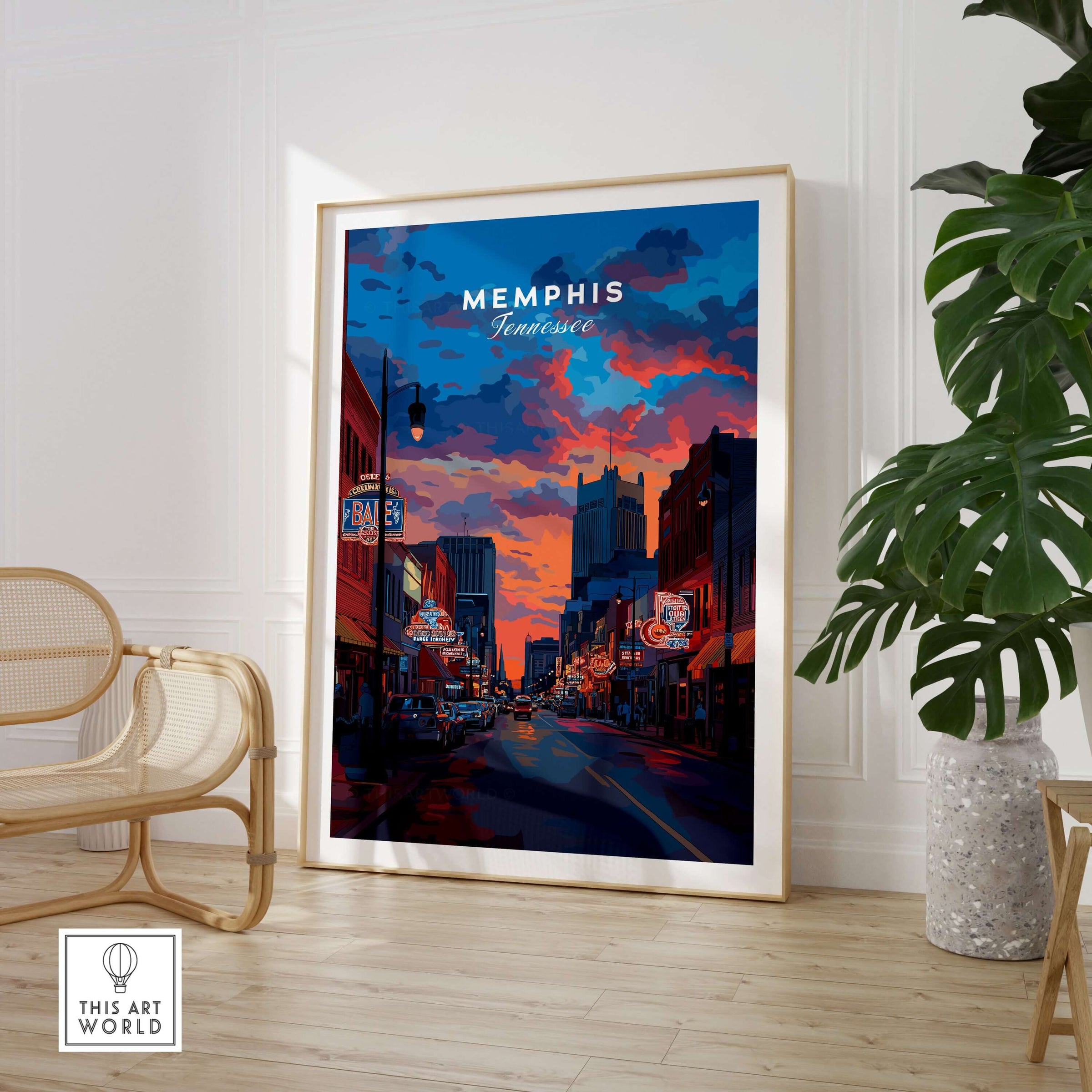 Memphis Poster Tennessee Travel Print displayed in a stylish living room with vibrant sunset colors.