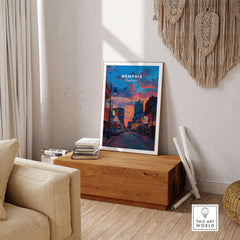 Memphis Poster Tennessee Travel Print showcasing vibrant sunset over Memphis streets, perfect for music lovers and travelers.