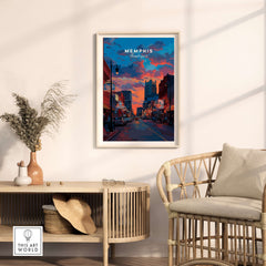 Memphis Poster Tennessee Travel Print featuring vibrant street scene and sunset backdrop in stylish interior setting.