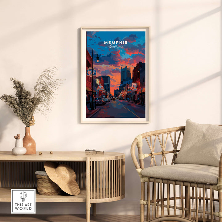 Memphis Poster showcasing a vibrant Tennessee street scene, capturing the essence of Southern charm and musical spirit.
