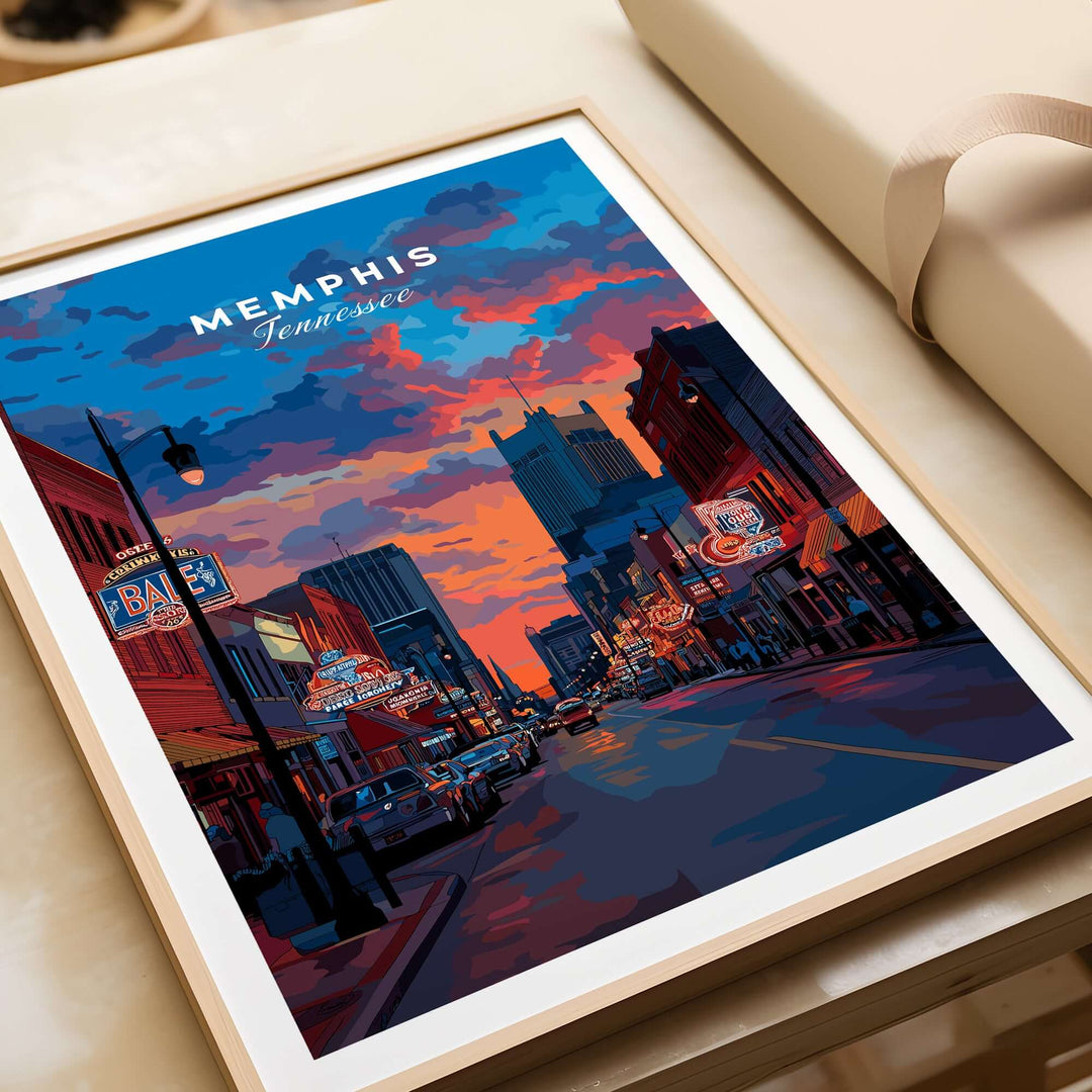 Vibrant Memphis Tennessee travel poster featuring iconic landmarks and sunset sky, perfect for music lovers and home decor.