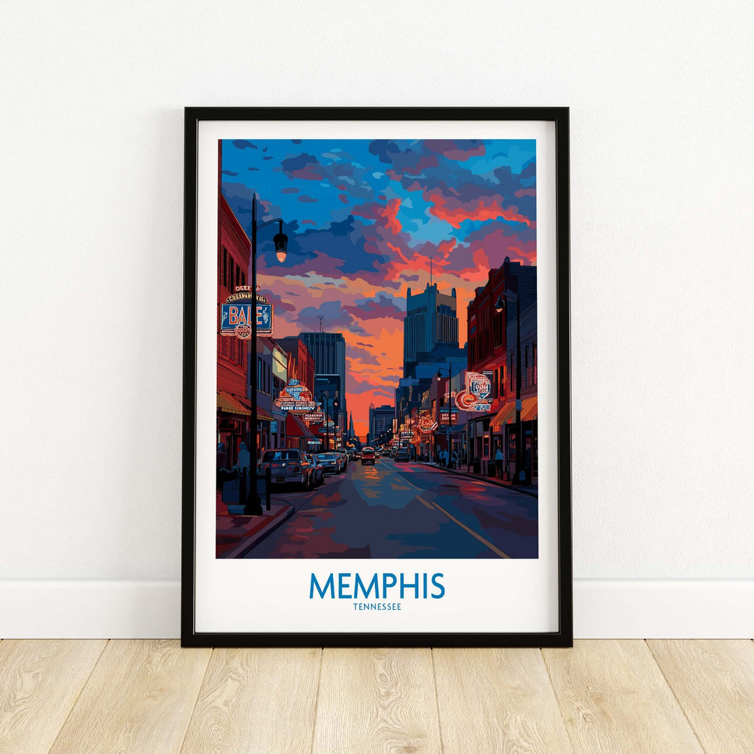 Colorful Memphis cityscape wall art print featuring a vibrant sunset over iconic downtown streets.