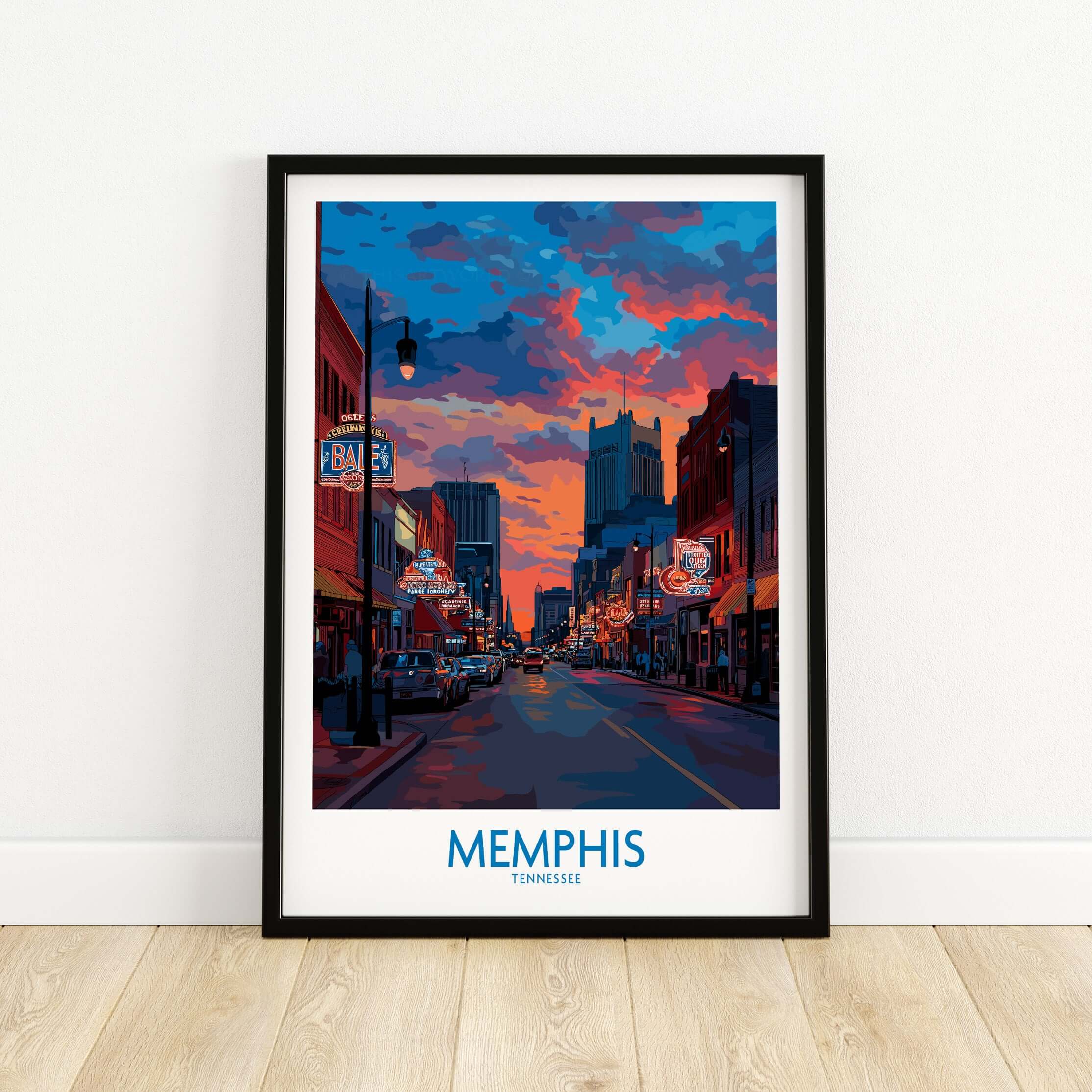 Memphis Print - Cityscape Wall Art Tennessee showcasing vibrant colors and the iconic skyline of Memphis, Tennessee.