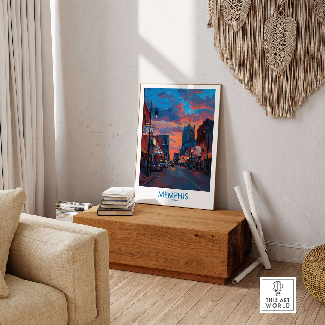 Memphis cityscape wall art print showcasing vibrant colors and skyline in a stylish interior setting.