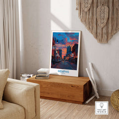 Memphis Print - Cityscape Wall Art Tennessee displayed in a stylish living room setting on a wooden table.