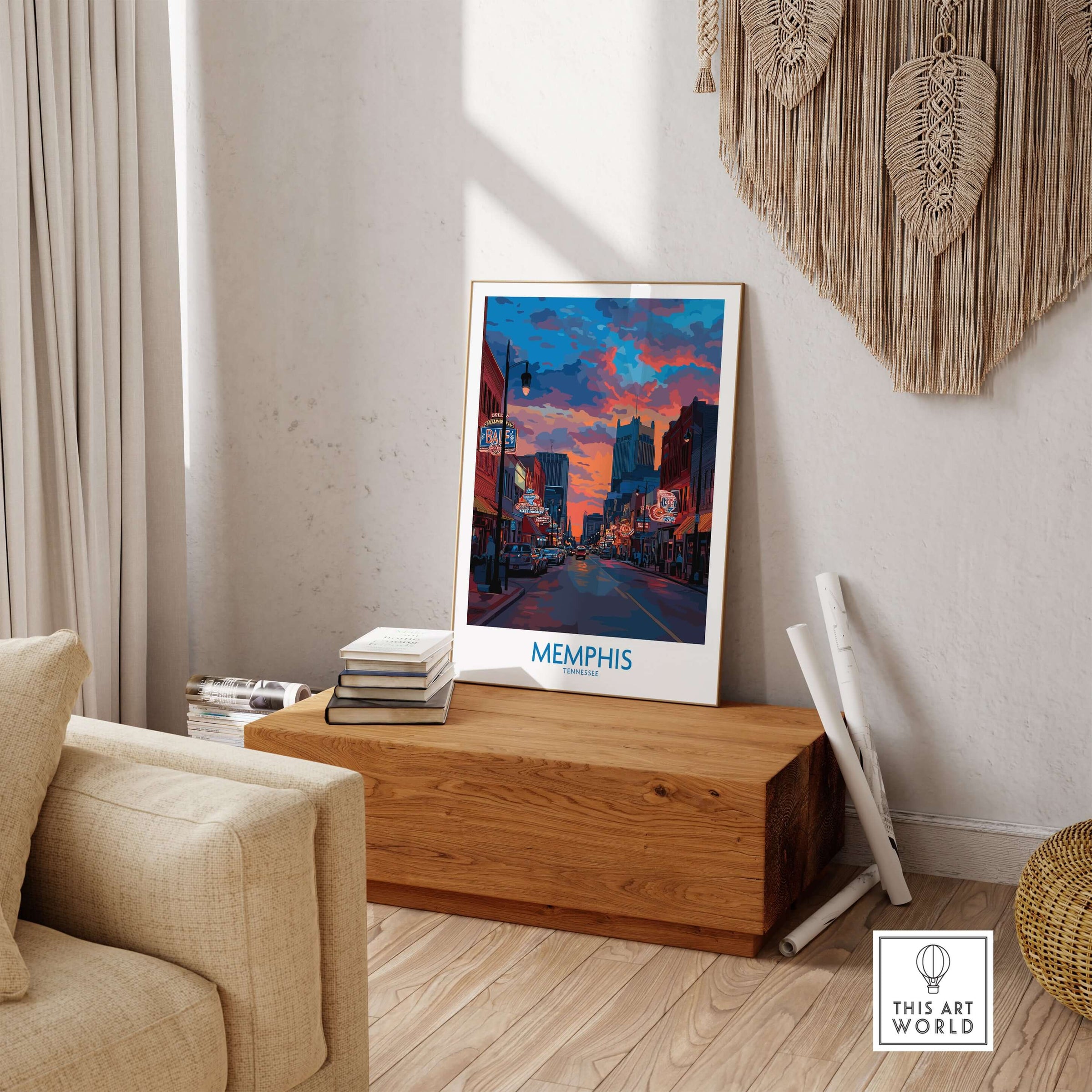 Memphis Print - Cityscape Wall Art Tennessee displayed in a stylish living room setting on a wooden table.