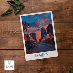 Art featuring Memphis Print - Cityscape Wall Art Tennessee showcasing vibrant city skyline at dusk.