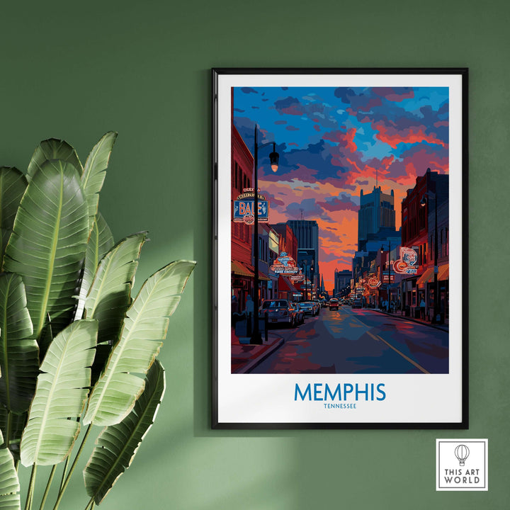 Memphis cityscape wall art showcasing vibrant skyline and colorful sunset, perfect for lovers of Tennessee culture.