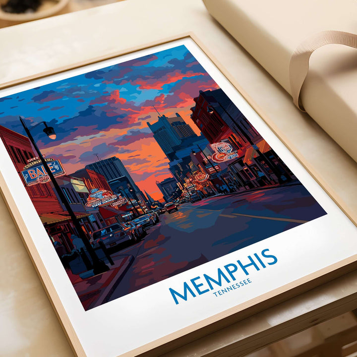 Vibrant Memphis cityscape wall art print featuring iconic streets and colorful sunset.