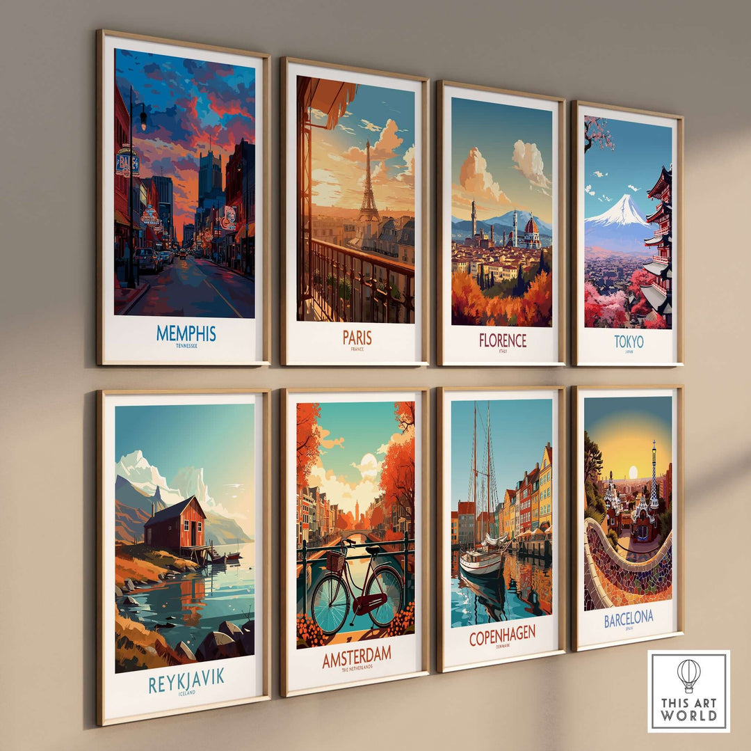 Eight framed cityscape prints featuring Memphis, Paris, Florence, Tokyo, Reykjavik, Amsterdam, Copenhagen, and Barcelona.