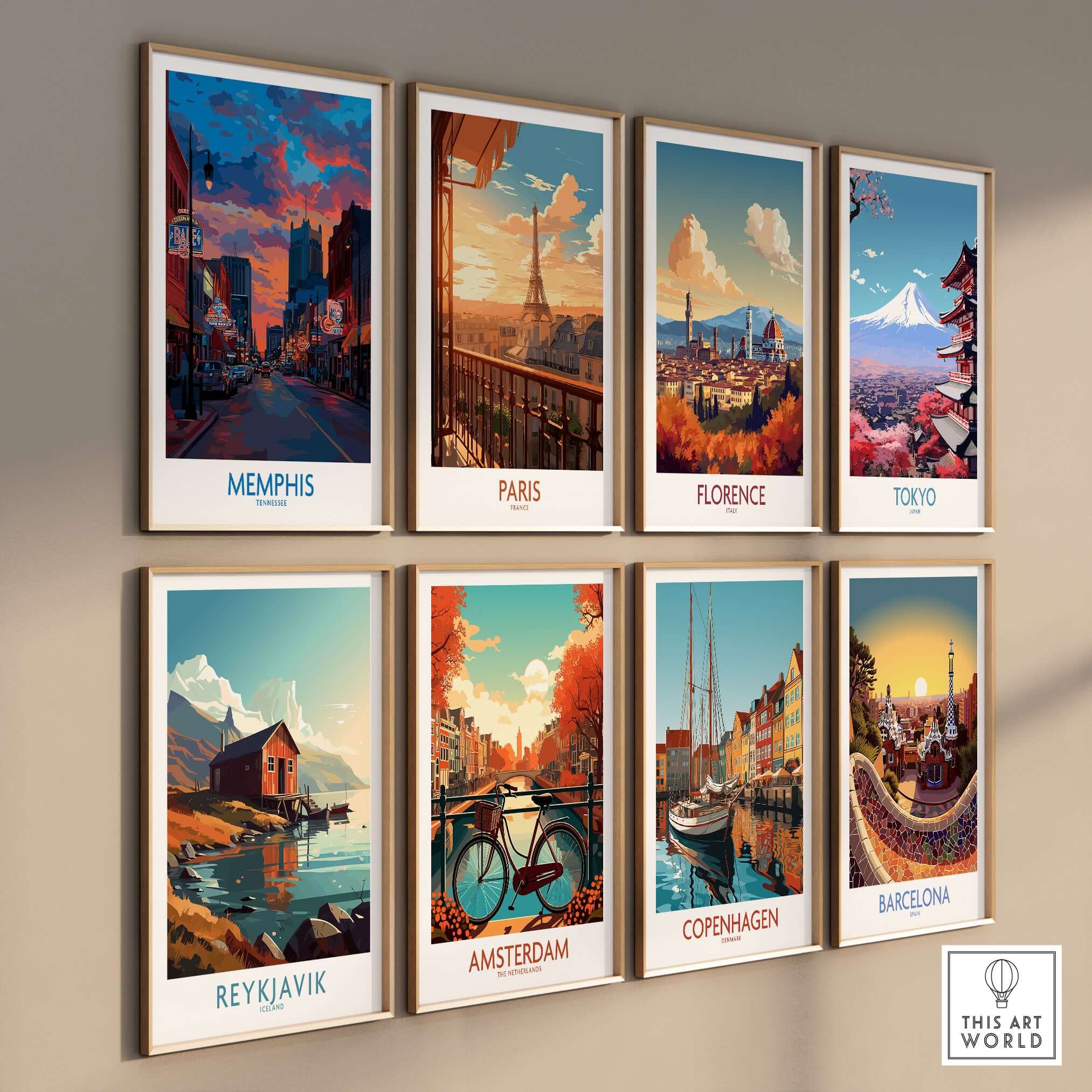 Memphis Print - Cityscape Wall Art Tennessee displayed among other city prints in a stylish gallery wall.