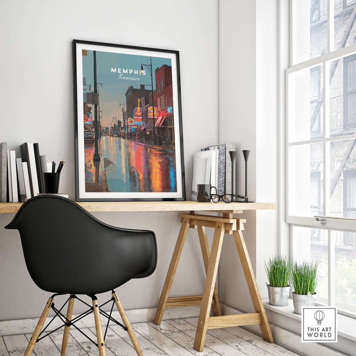 Memphis Beale Street Dusk poster framed on a wall above a desk, highlighting urban art and vibrant nightlife.