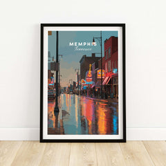 Memphis Tennessee Beale Street Dusk Poster - Music City Art Print showcasing vibrant neon lights reflecting on wet pavement.