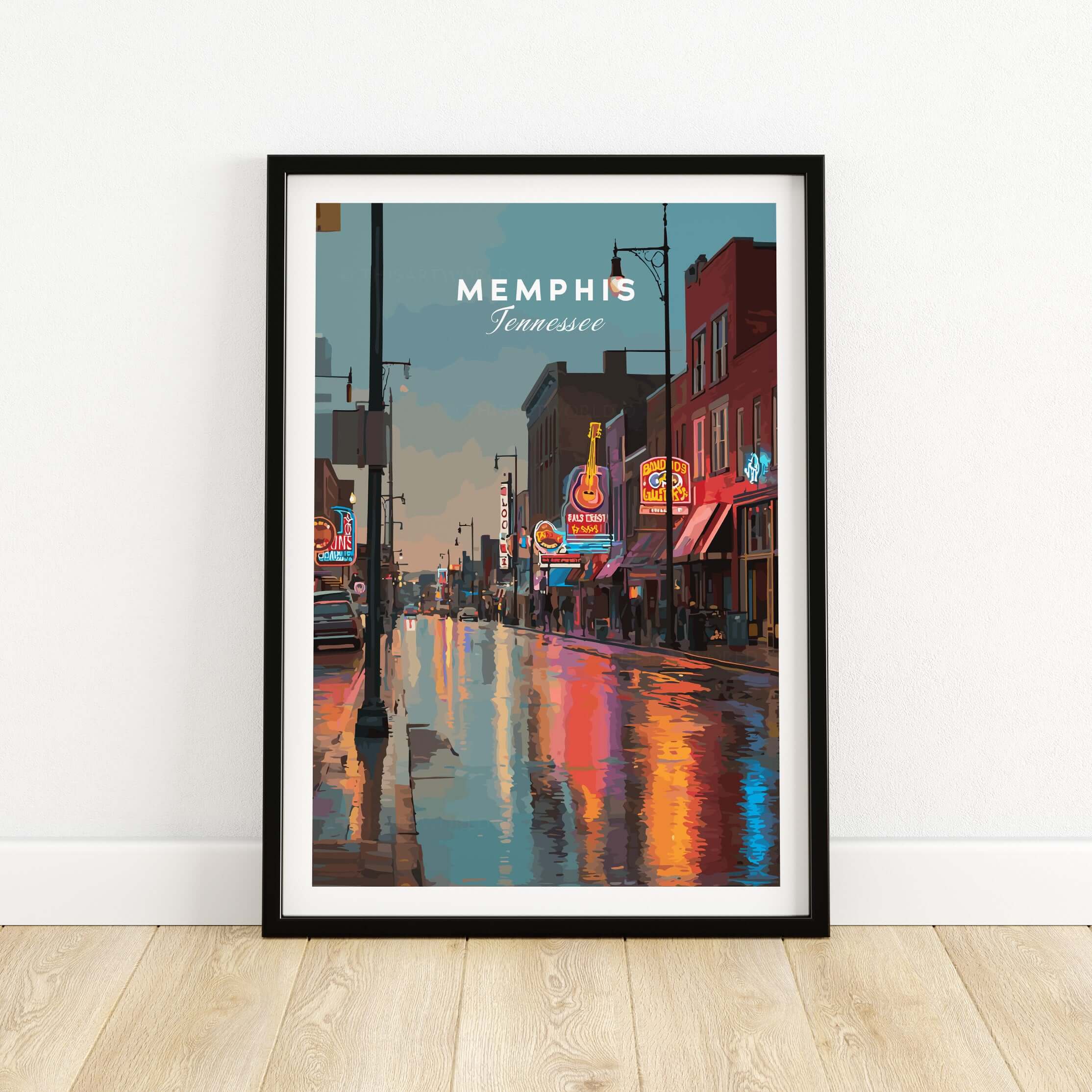 Memphis Tennessee Beale Street Dusk Poster - Music City Art Print showcasing vibrant neon lights reflecting on wet pavement.