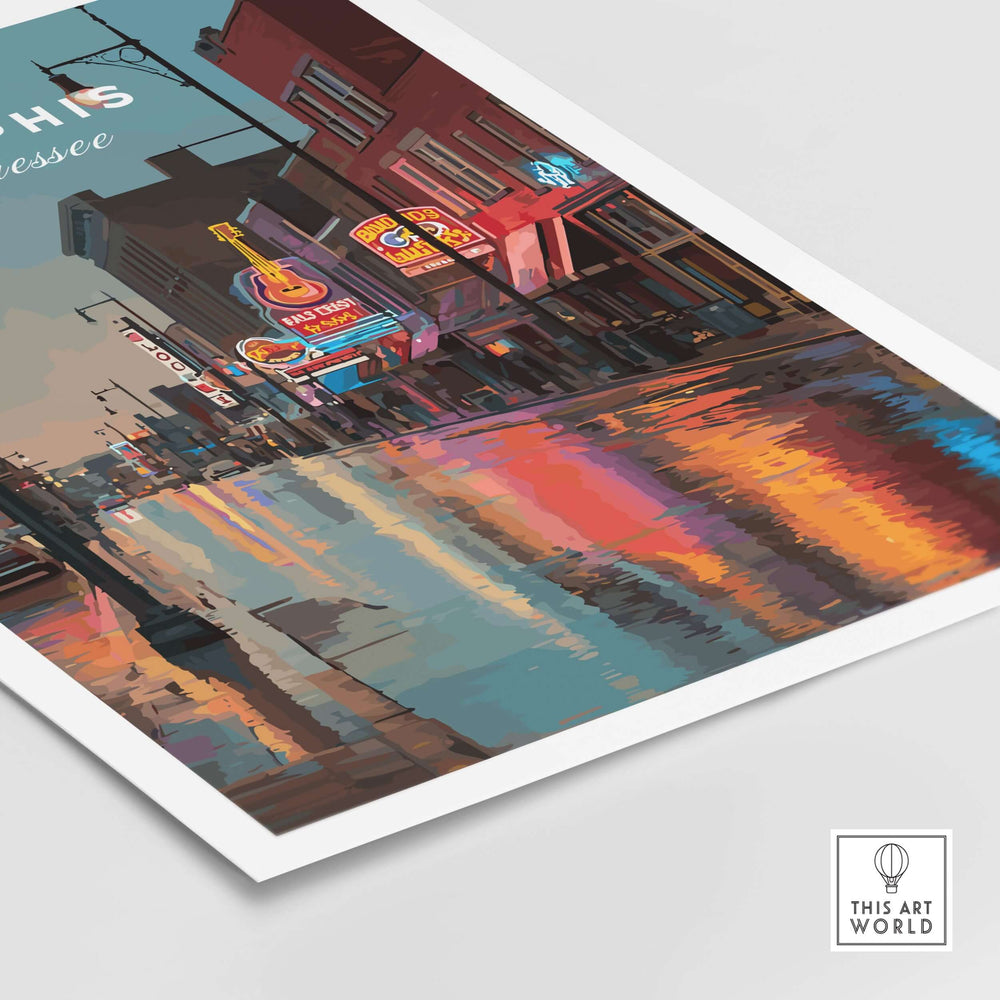 Memphis Tennessee Beale Street Dusk poster showcasing vibrant neon lights and reflections on wet pavement.