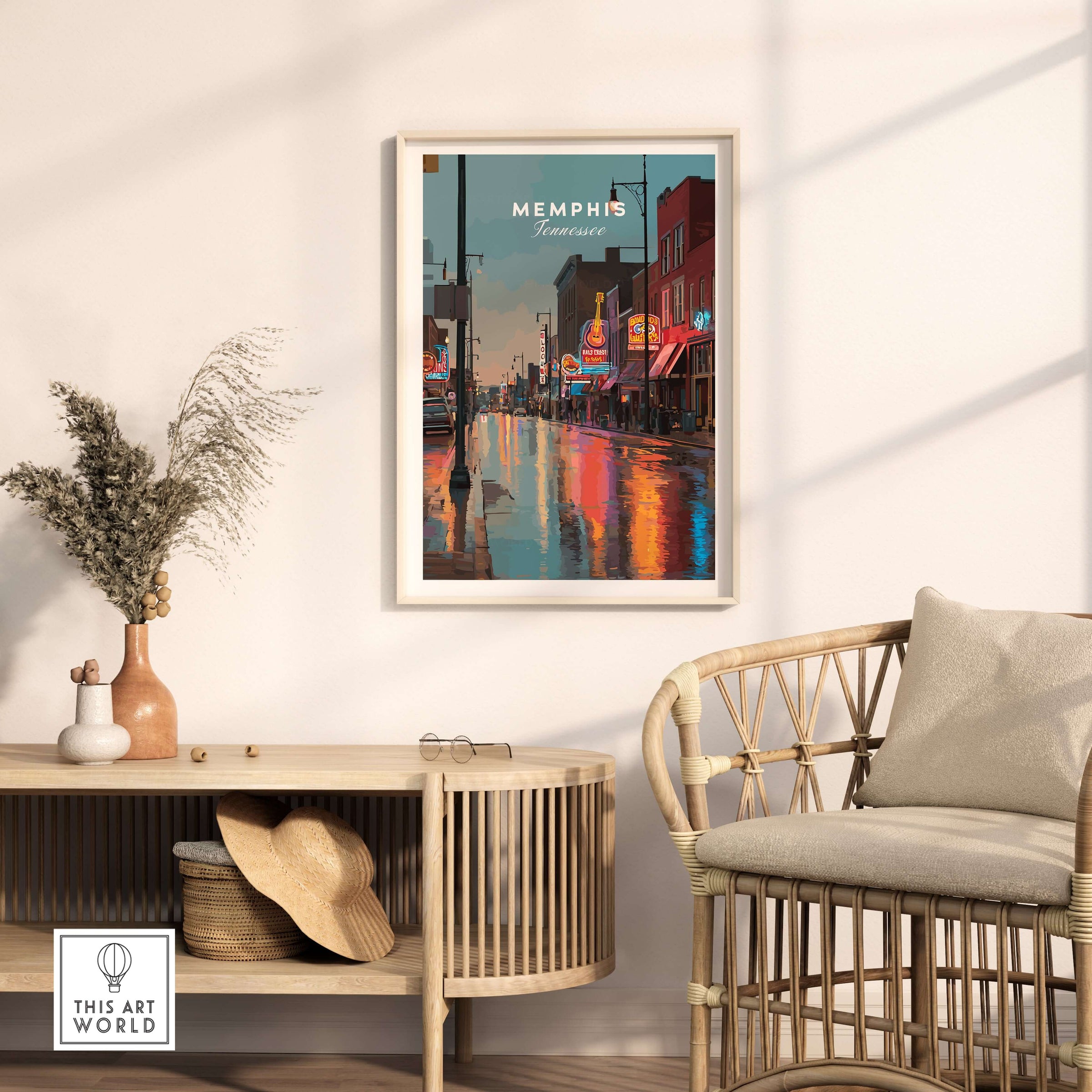 Memphis Tennessee Beale Street Dusk Poster - Music City Art Print displayed in a stylish living room setting.