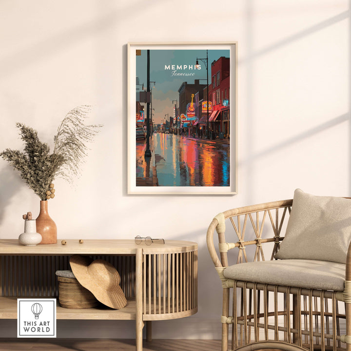 Memphis Beale Street Dusk poster in a stylish living room setting, capturing vibrant city lights and reflections.
