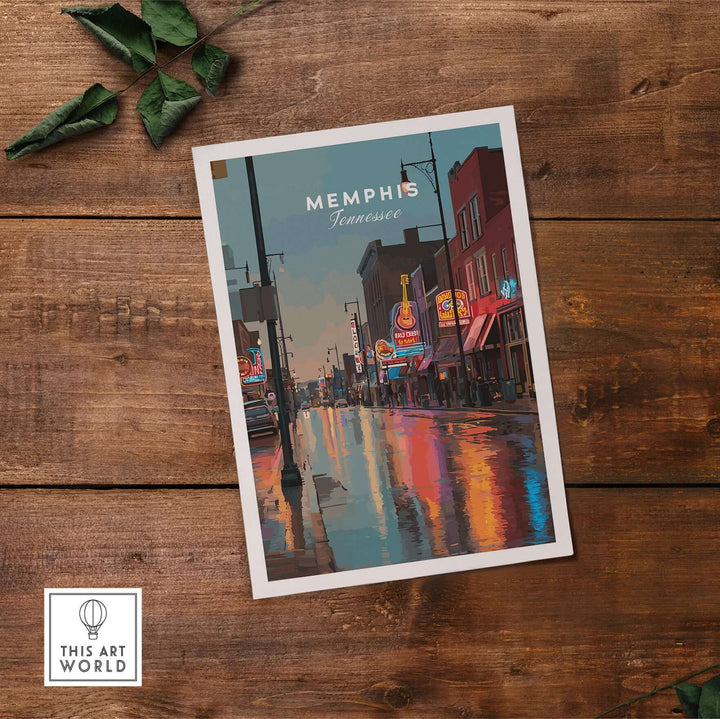Memphis Tennessee Beale Street dusk poster showcasing vibrant neon lights reflecting on wet pavement.