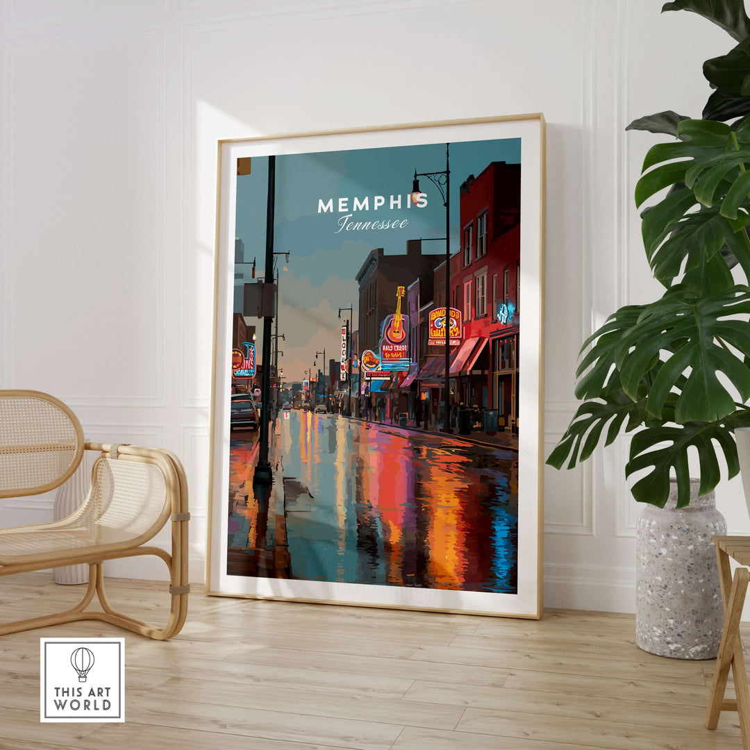Memphis Beale Street dusk poster showcasing vibrant lights and reflections in Music City, perfect for art lovers.