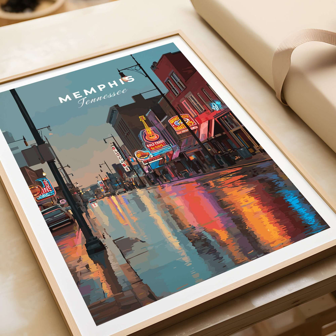Memphis Beale Street Dusk Poster showcasing neon lights and reflections, capturing Music City art vibes.