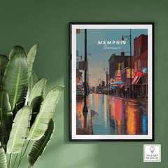 Memphis Tennessee Beale Street Dusk Poster - Music City Art Print showcasing vibrant neon lights and reflections.