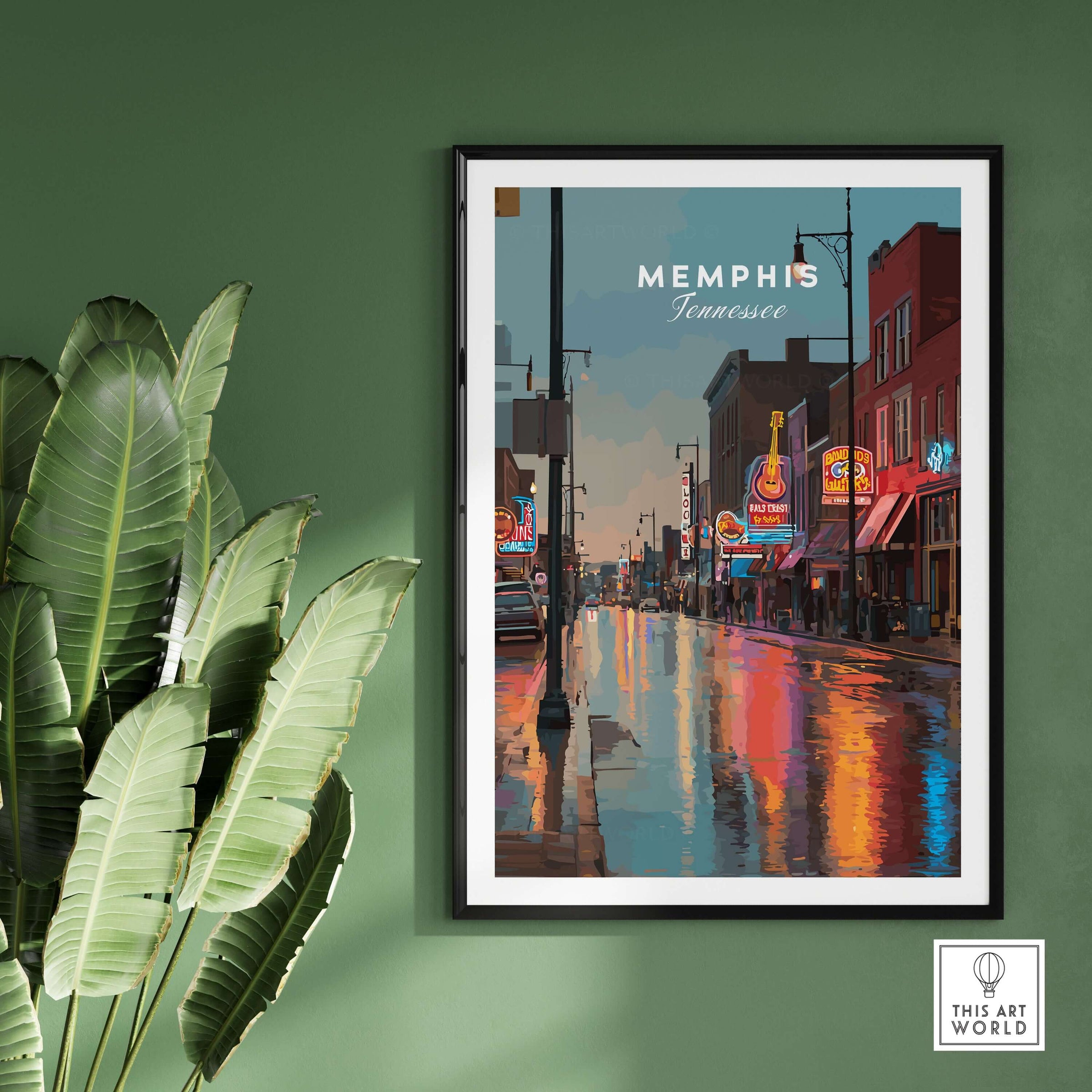 Memphis Tennessee Beale Street Dusk Poster - Music City Art Print showcasing vibrant neon lights and reflections.