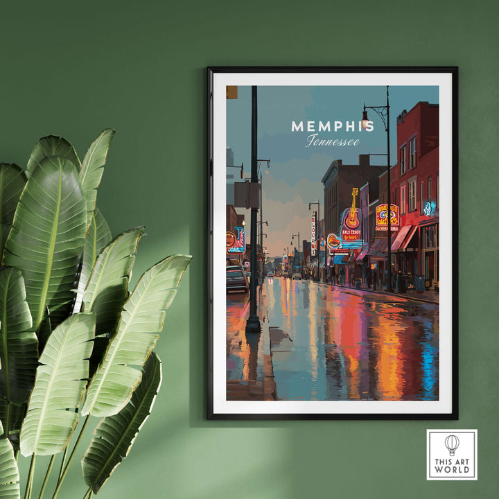 Memphis Tennessee Beale Street Dusk Poster featuring vibrant neon lights and reflections on wet pavement