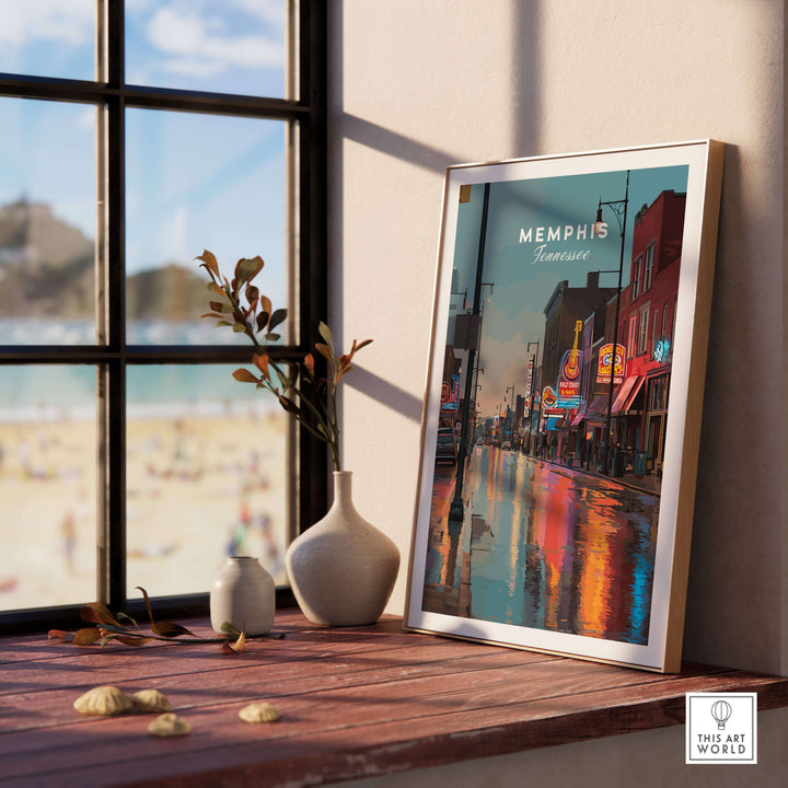 Framed Beale Street Dusk Poster in a cozy interior, highlighting Memphis Tennessee's vibrant nightlife and art.