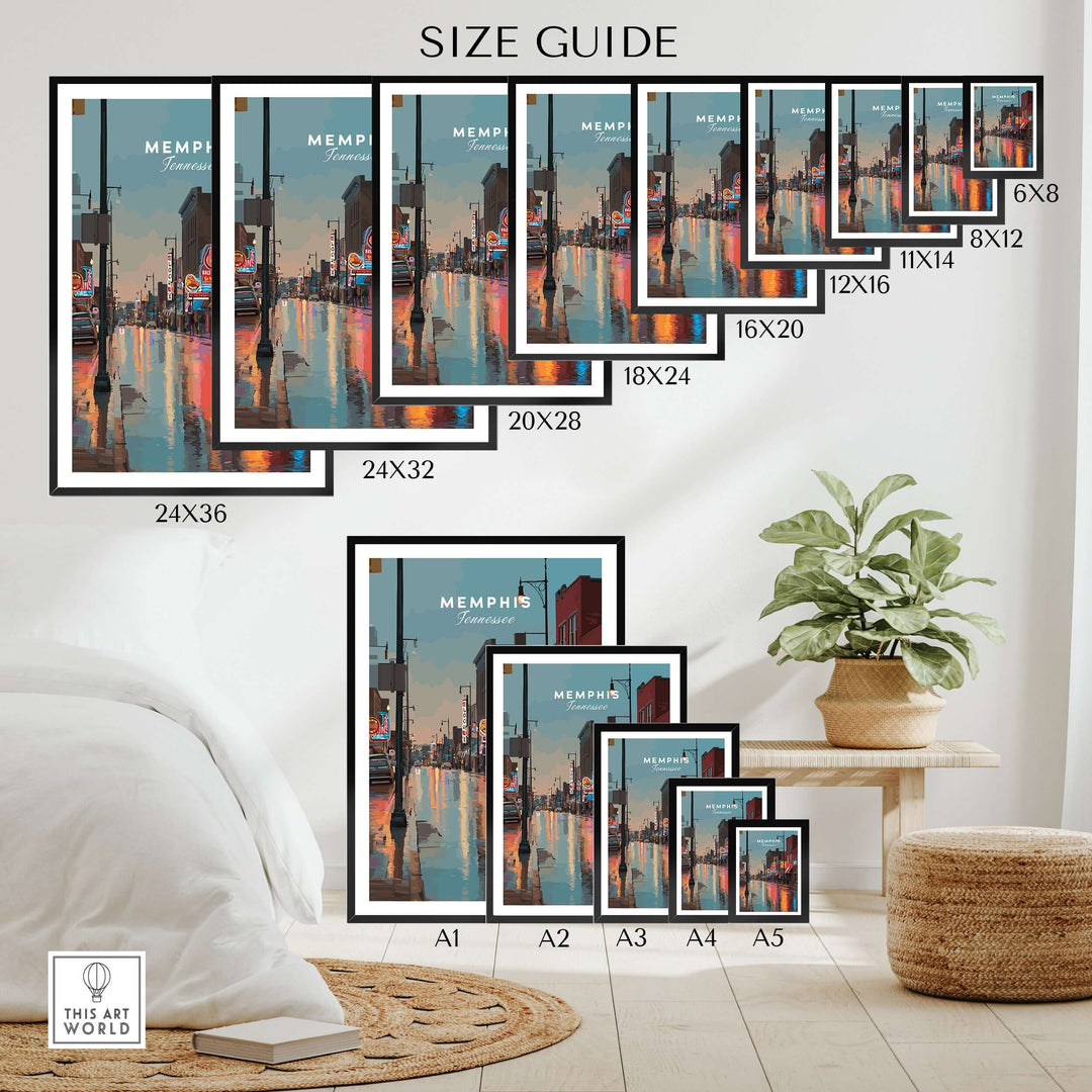 Size guide for Memphis Tennessee Beale Street Dusk poster art prints in various dimensions, displayed in a stylish setting.