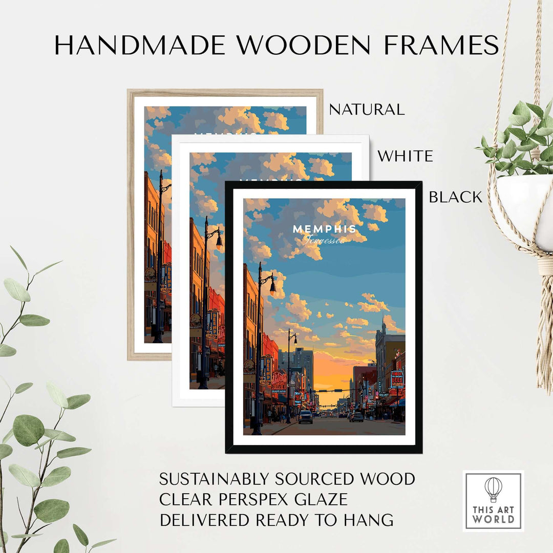 Handmade wooden frames in natural, white, and black for Memphis travel poster, featuring sustainable materials and ready to hang.