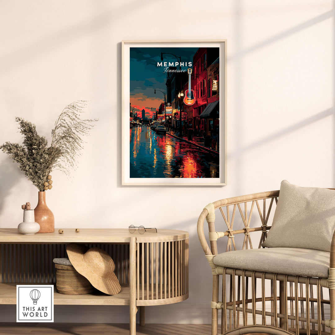 Memphis Tennessee Beale Street retro print showcased in a stylish living room setting, capturing vibrant cityscape details.