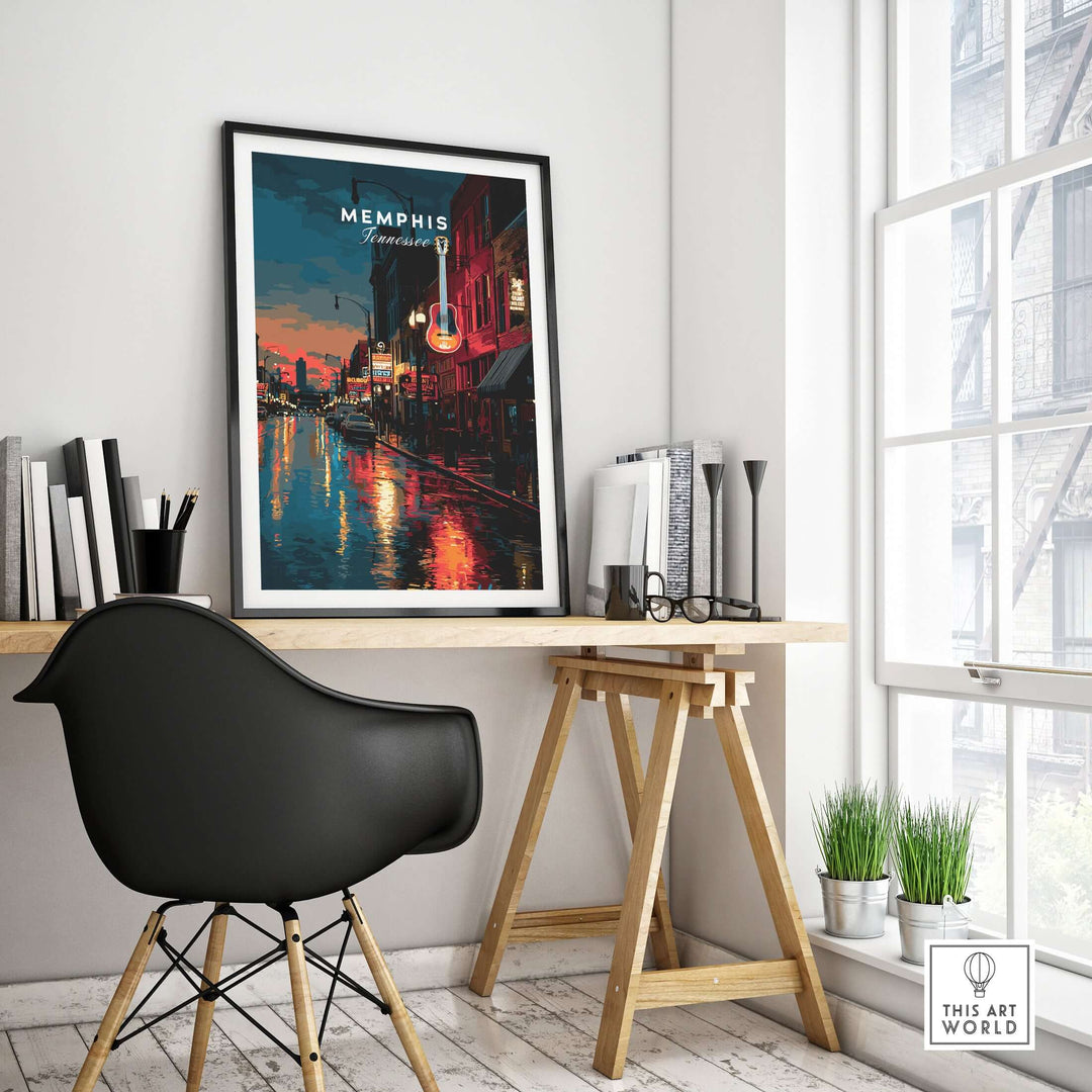Memphis Beale Street retro cityscape poster displayed in a modern office setting.