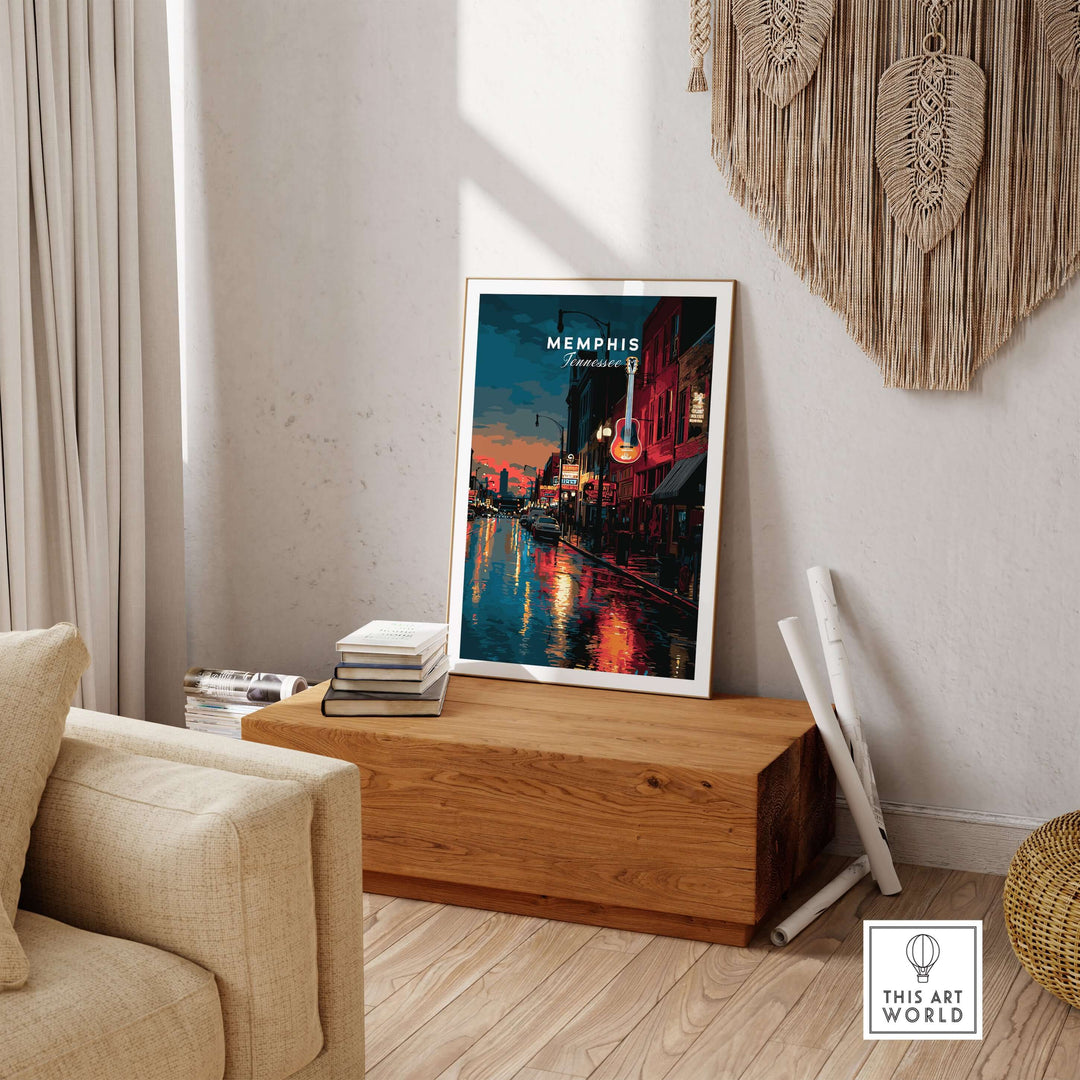 Retro Memphis Tennessee Beale Street print poster displayed in a stylish living room setting.
