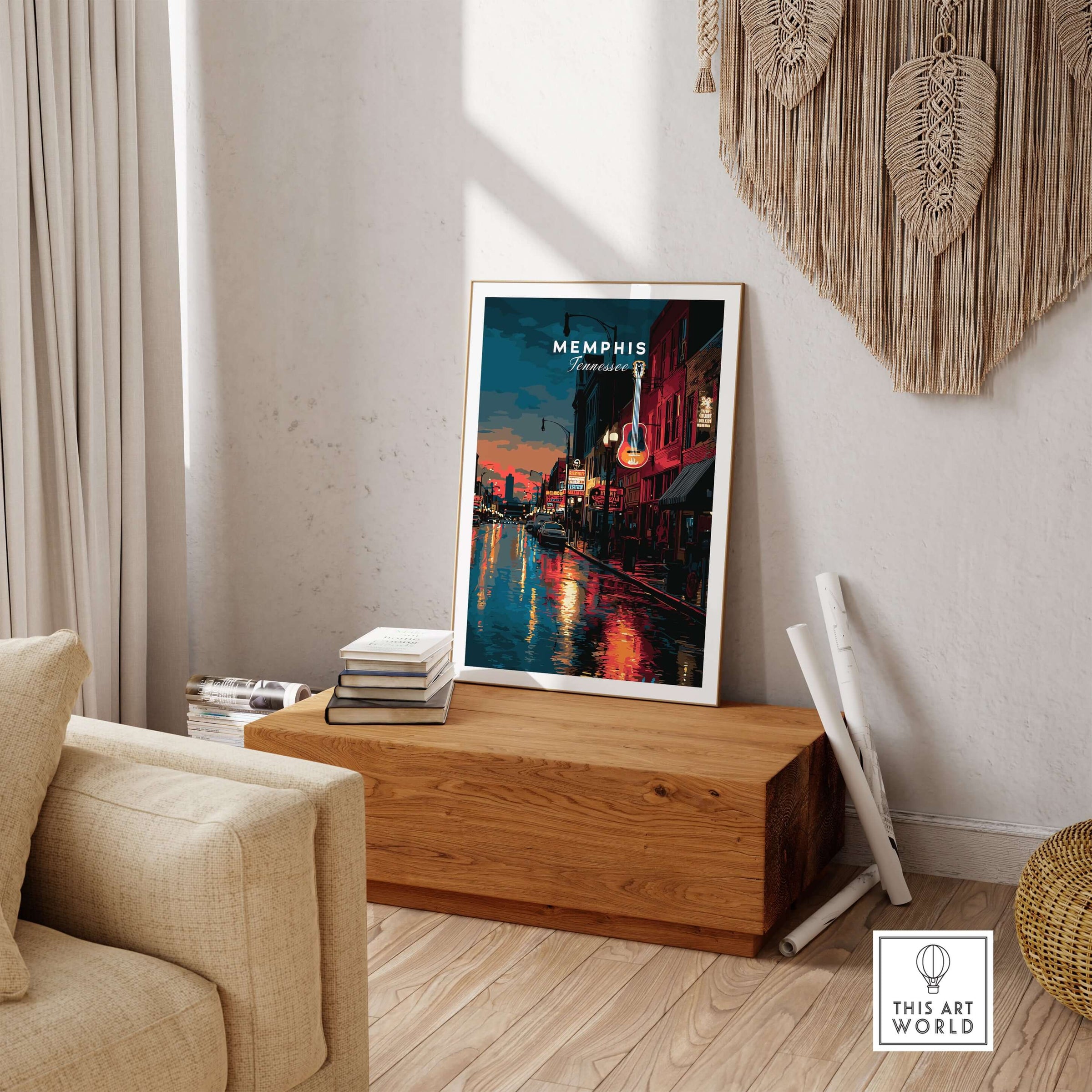 Memphis Tennessee Beale Street Print - Retro Cityscape Poster showcased in a stylish living room setting.