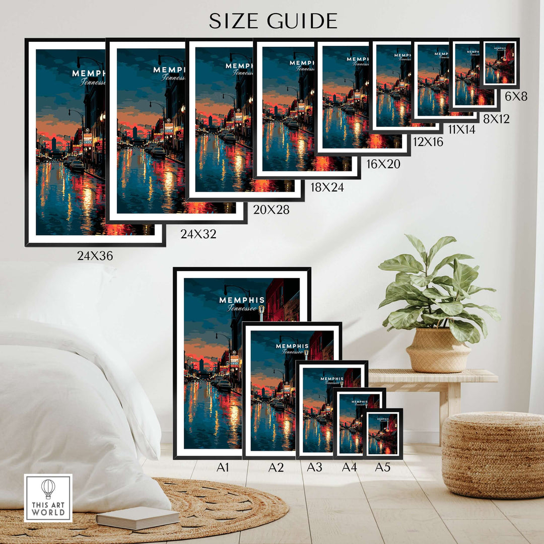 Size guide for Memphis Tennessee Beale Street retro print in multiple frame sizes.