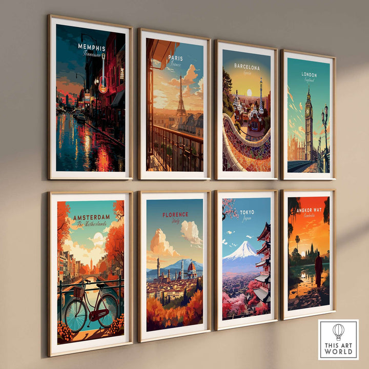 Gallery of retro cityscape posters including Memphis, Paris, Barcelona, London, Amsterdam, Florence, Tokyo, and Angkor Wat.