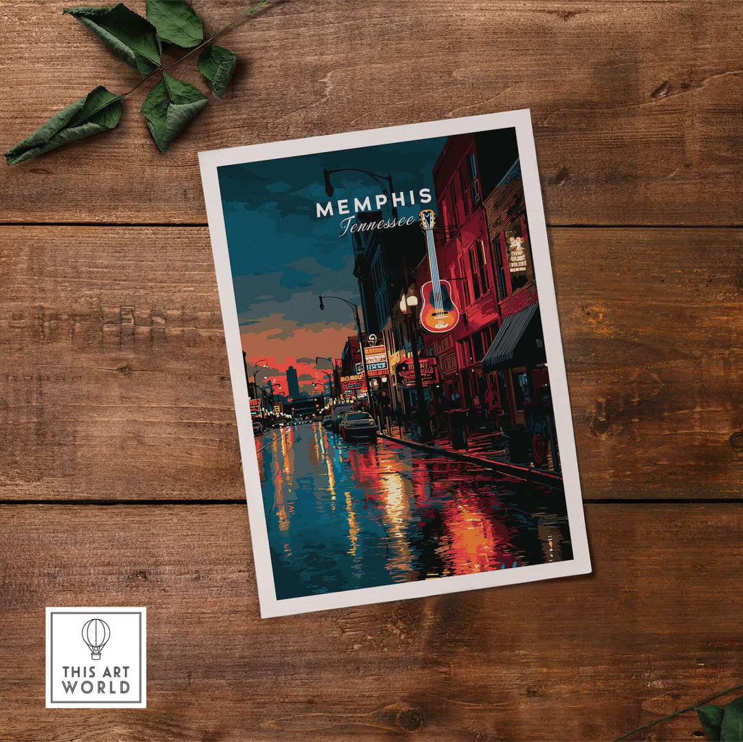 Retro cityscape poster of Beale Street, Memphis, capturing its vibrant atmosphere and musical charm.
