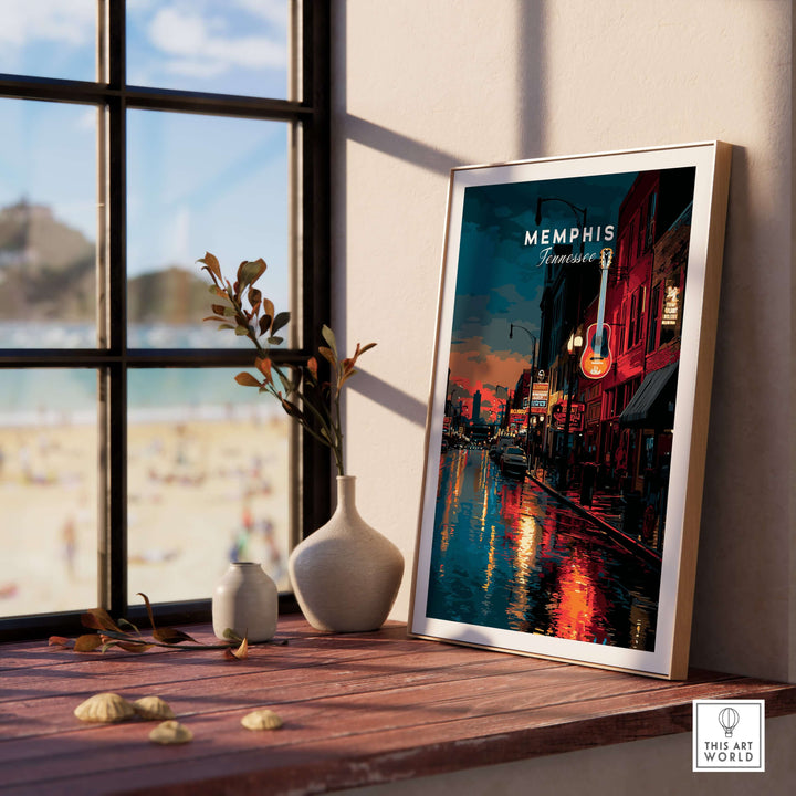 Memphis Tennessee retro cityscape poster displayed in a cozy interior setting with a view of the beach.