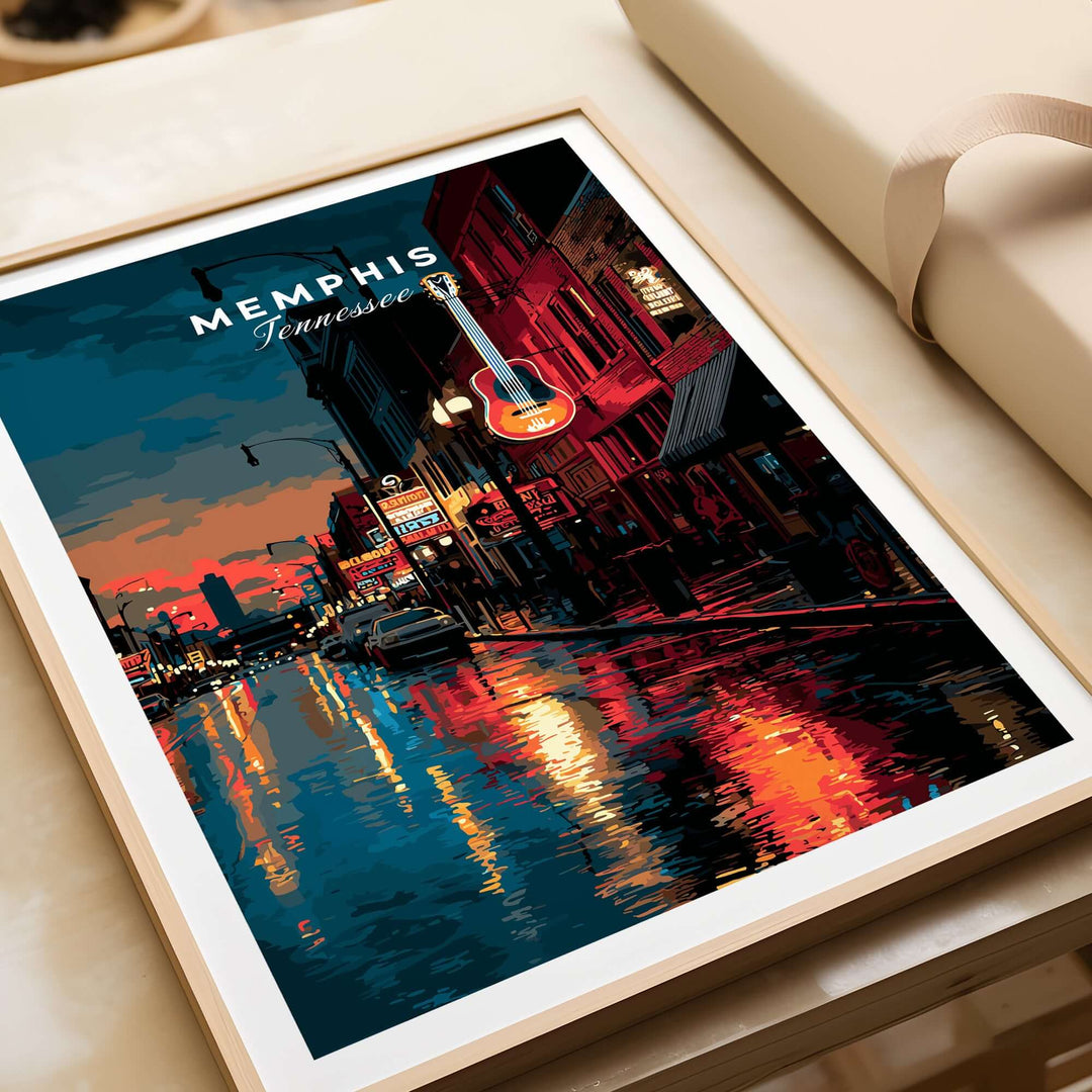 Memphis Tennessee Beale Street retro cityscape poster showcasing vibrant colors and musical charm.