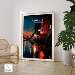 Memphis Tennessee Beale Street Print - Retro Cityscape Poster displayed in modern living room with stylish decor.