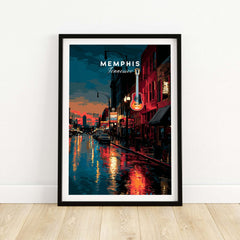 Memphis Tennessee Beale Street Print - Retro Cityscape Poster featuring vibrant city lights and a guitar.
