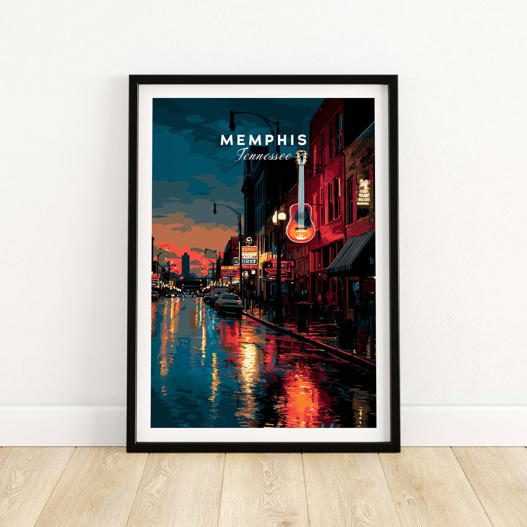 Memphis Tennessee Beale Street Print - Retro Cityscape Poster featuring vibrant city lights and a guitar.