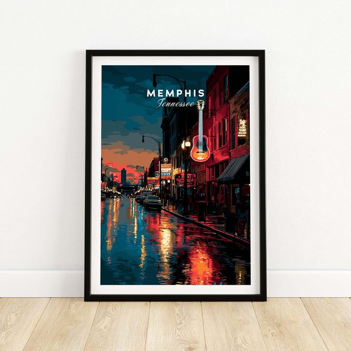 Retro Memphis Tennessee Beale Street print showcasing vibrant cityscape and musical charm in vintage style.