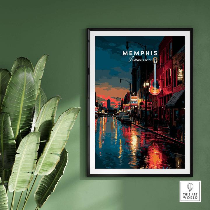Memphis Tennessee Beale Street retro cityscape print showcasing vibrant nightlife and iconic guitar.