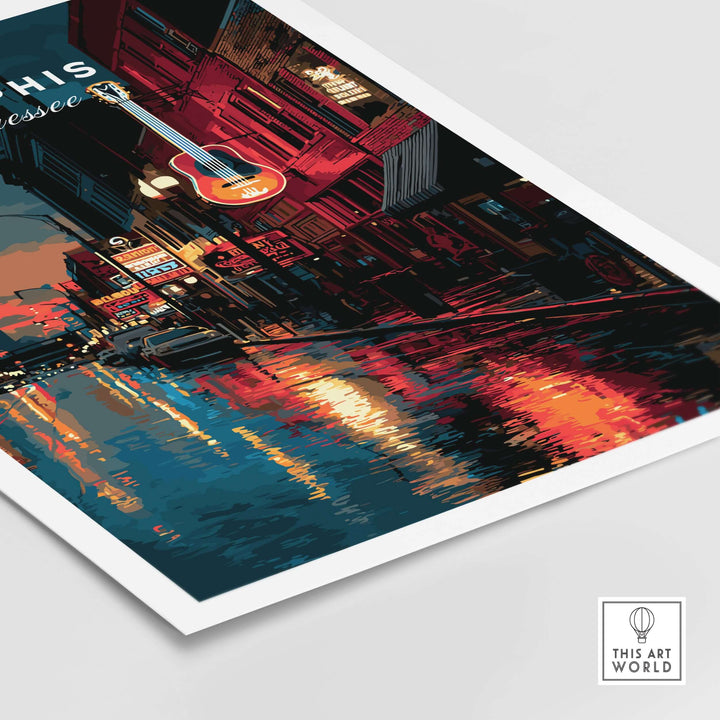 Memphis Tennessee Beale Street retro cityscape poster featuring vibrant colors and musical elements.