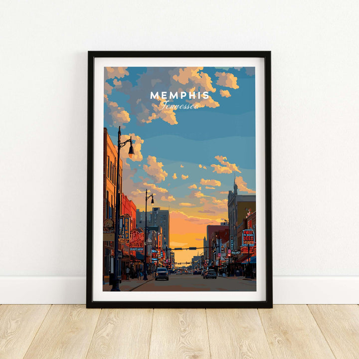 Memphis Tennessee travel poster featuring a vibrant street scene at sunset with iconic historic buildings.